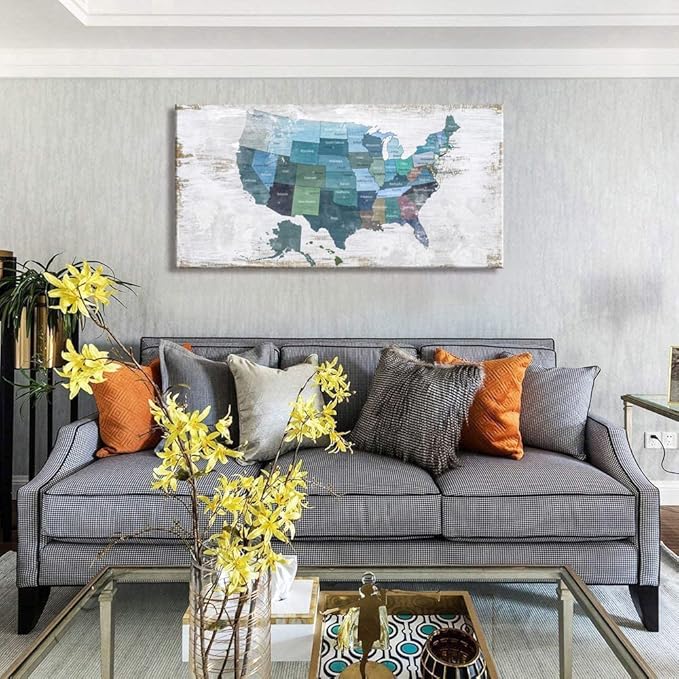 Map of The United States Wall Decor Map Canvas Wall Art for Wall Decoration Wood Background USA Canvas Prints for Bedroom Office Kitchen Home Wall Decor Framed Artwork Ready to Hang24"x48"