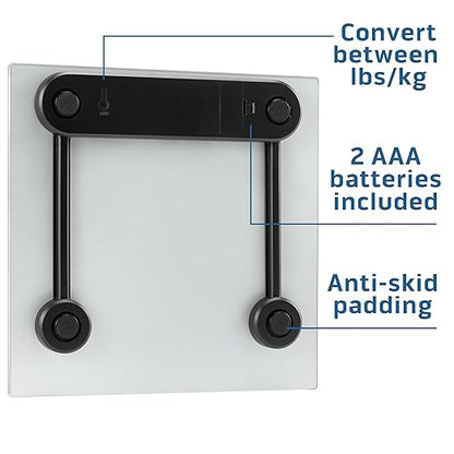 Health o meter Compact Digital Glass Bathroom Scale – 450 lb Capacity, 4 Load Cells, 3.2" LCD Display, Tempered Glass Platform, Auto Shut-Off, Low Battery Indicator, Non-Skid Feet, 5-Year Warranty