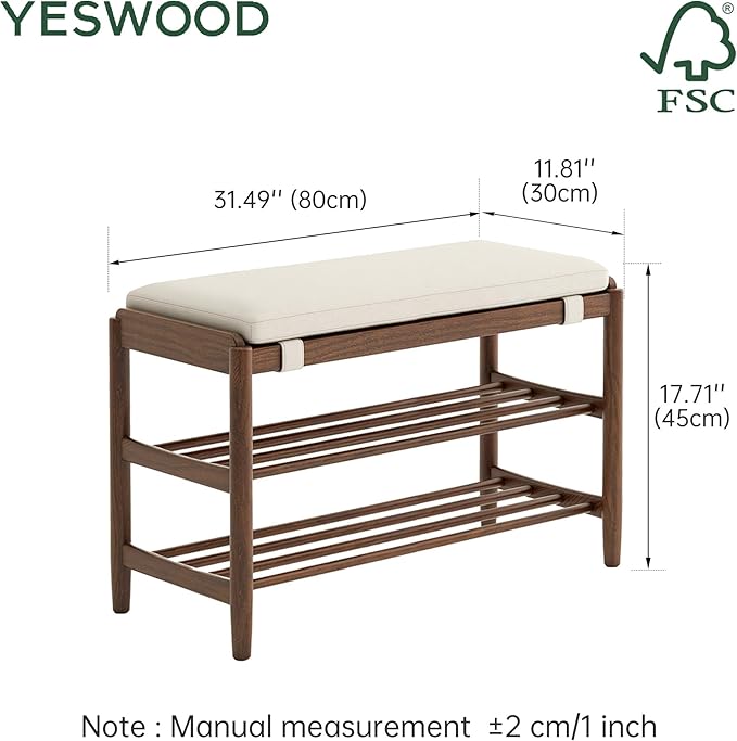 YESWOOD Solid Wood Shoe Bench Assembled, Shoe Rack Bench with Cushion for Entryway, Living Room, Bedroom, Hallway, 31.49“ x 11.81” x 17.71", Walnut
