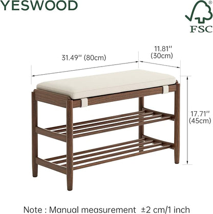 YESWOOD Solid Wood Shoe Bench Assembled, Shoe Rack Bench with Cushion for Entryway, Living Room, Bedroom, Hallway, 31.49“ x 11.81” x 17.71", Walnut