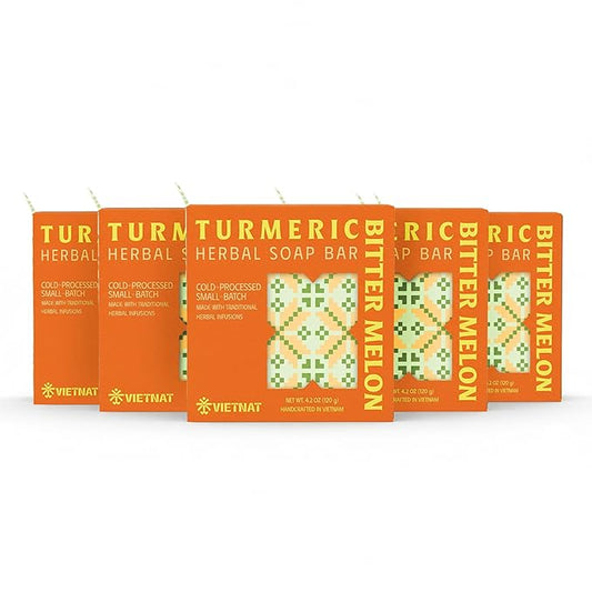 Turmeric & Bitter Melon 2-in-1 Luxurious Natural Soap Bar (Pack of 5) | Refreshing Cleanse for Sweat, Oil & Buildup | Cooling Lemongrass Peppermint | Cold Process | Handmade in Vietnam