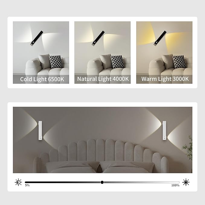 Motion Sensor LED Night Lights, 2500 mAh Rechargeable Battery Operated Indoor Wall Light Without Power Connection with Switch, Wireless Wall Lighting Battery for Cabinet Bedroom Stairs(Black)