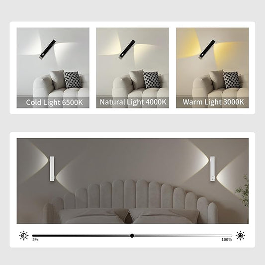 Motion Sensor LED Night Lights, 2500 mAh Rechargeable Battery Operated Indoor Wall Light Without Power Connection with Switch, Wireless Wall Lighting Battery for Cabinet Bedroom Stairs(Black)