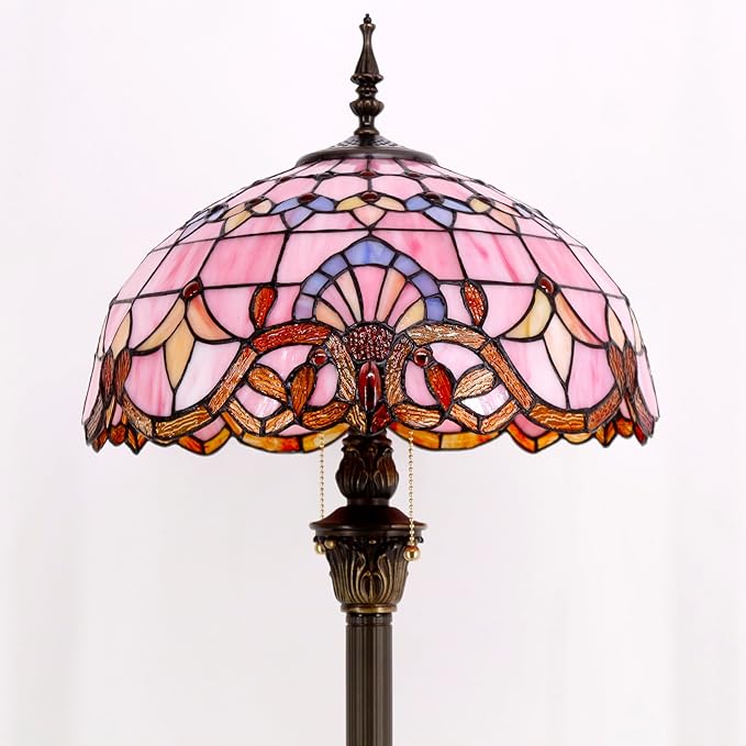 WERFACTORY Tiffany Floor Lamp Pink Baroque Stained Glass Standing Reading Light 16X16X64 Inches Antique Pole Corner Lamp Decor Bedroom Living Room Home Office S003P Series