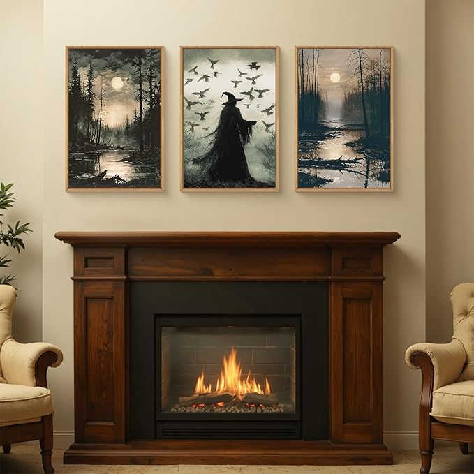 HLNIUC Large Halloween Decor Indoor, Witch Gothic Vintage Framed Wall Art 3pcs (16x24),Black Raven Dark Academia Pictures, Moody Moon Forest Spooky Canvas Painting for Living Room, Bedroom, Office