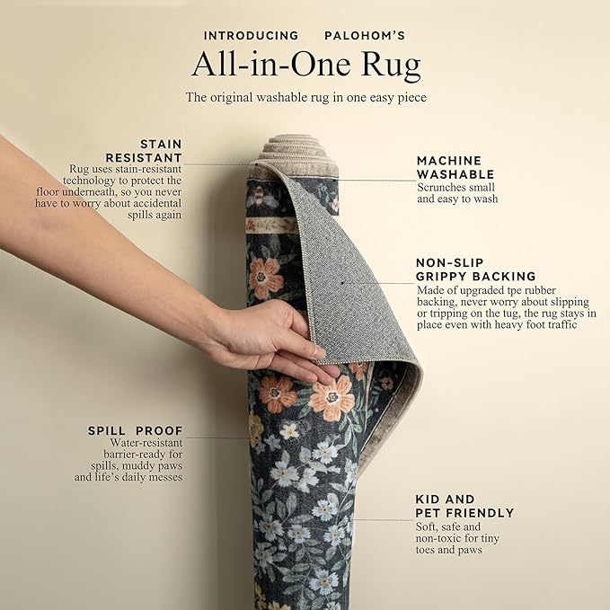 Washable Living Room Area Rug: 5x7 Rugs for Bedroom Vintage Stain Resistant Non Slip Low Pile Soft Lightweight Carpet Rug for Kitchen Dining Room Kids Room Nursery Living Room