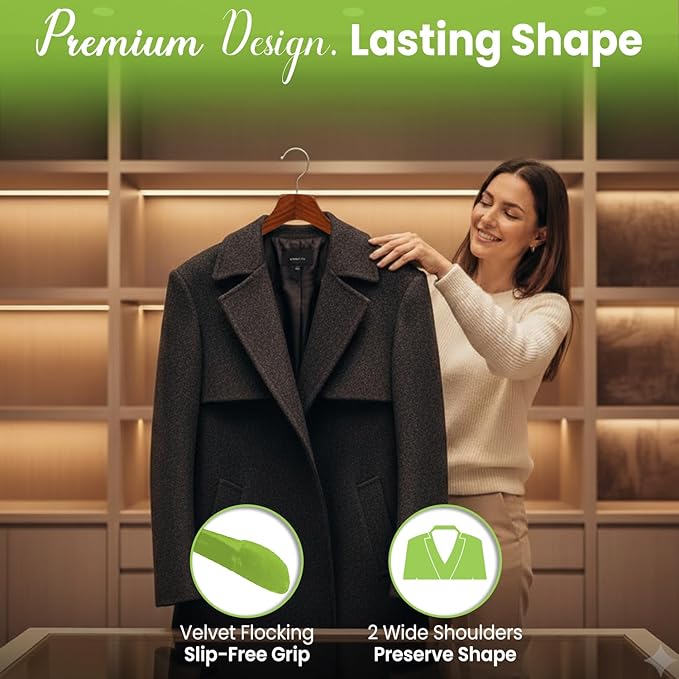 Premium Luxe Wood Coat Hangers, Wide Shoulder Wooden Jacket Hangers with Velvet Grip, Heavy Duty Luxury Hangers for Coats & Blazers, High Gloss Brown with Brown Velvet, 12 Pack