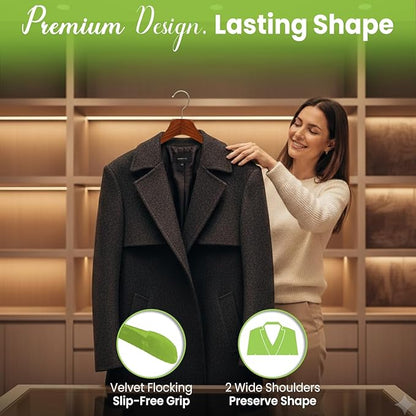 Premium Luxe Wood Coat Hangers, Wide Shoulder Wooden Jacket Hangers with Velvet Grip, Heavy Duty Luxury Hangers for Coats & Blazers, High Gloss Brown with Brown Velvet, 6 Pack