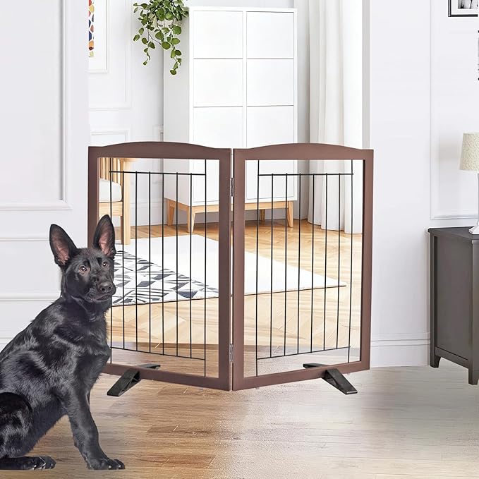 ZJSF Freestanding Dog Fence Indoor, Foldable Dog Gate for Doorways, Stairs or Hallways, Sturdy Wood Extra Wide Pet Gate with Support Feet for The House, Brown, 32 "Height-2 Panels