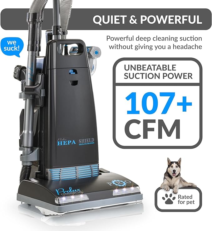Prolux 8000 Commercial Upright Vacuum with On Board Tools, Bagged Vacuum Cleaner, Commercial Vacuum, HEPA Filter, Floor Selector Switch, 12-Amp Amtek Motor, 107 CFM Suction Power