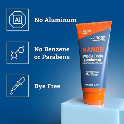 Mando Whole Body Deodorant - Mini Travel Size Invisible Cream Tube - 72 Hour Odor Control - Aluminum and Baking Soda Free, Skin Safe - .5 oz (Pack of 2) (Pro Sport)