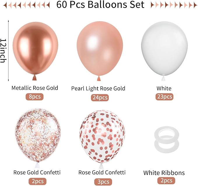 FunHot Rose Gold and White Balloons, 60Pcs Pearl Rose Gold Balloons, 12 Inch Metallic Rose Gold Confetti Balloons Helium Rose Gold Latex Balloons for Baby Shower Wedding Birthday Party Decorations