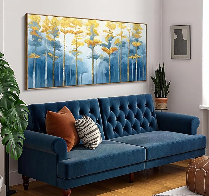 ARTZON Oversized Framed Wall Art Large Modern Abstract Blue Yellow Birch Tree Canvas Print Decorative Forest Picture Horizontal Landscape Artwork for Living Room Office Bedroom Over Bed Decor 58"x29"