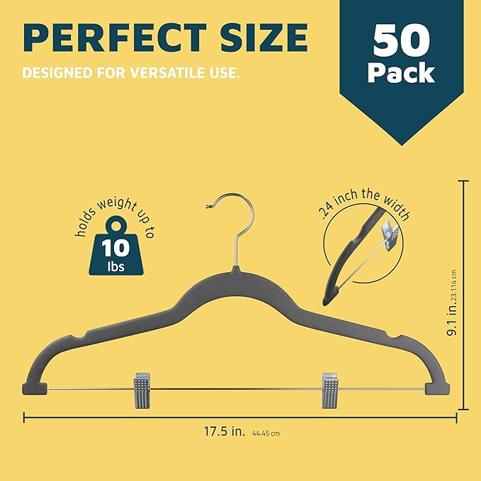 Velvet Skirt Hangers – with Adjustable Clips, 360 Degree Swivel Hook, and Non-Slip Shoulder Notch, Holds Up to 10 lbs, for Organizing Skirt, Pants, Dress, and Clothes, Pack of 50, Gray