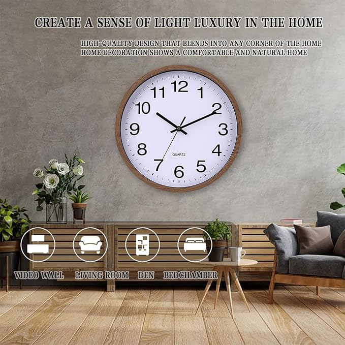 Wall Clock 12 Inch Wooden Frame Glass Cover Non-Ticking Number Quartz Modern Quartz Design Decorative Bedroom Kitchen Office Classroom Dark Brown
