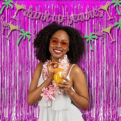 BRAVESHINE Hot Pink Tinsel Foil Fringe Curtains - 2Pcs 3.2x8.2ft Metallic Party Streamers Backdrop for Christmas Girl Birthdays Bridal Shower Bachelorette Engagement Hawaiian Luau Party Decorations