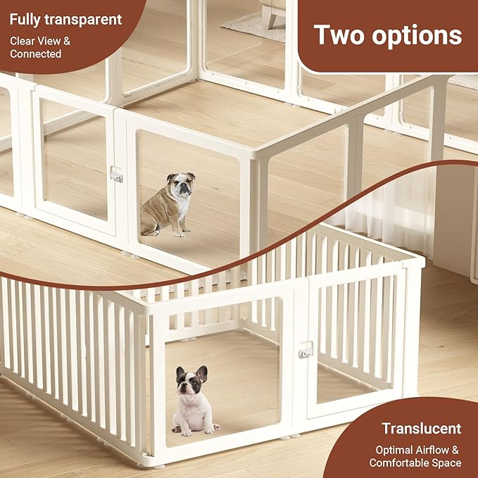 Transparent 12-Panel Dog Playpen, Acrylic Indoor/Outdoor Puppy Pen for Small & Medium Dogs, 24 Inch with Door, White(Fully Transparent 74 * 74 Single Room,24 inch)