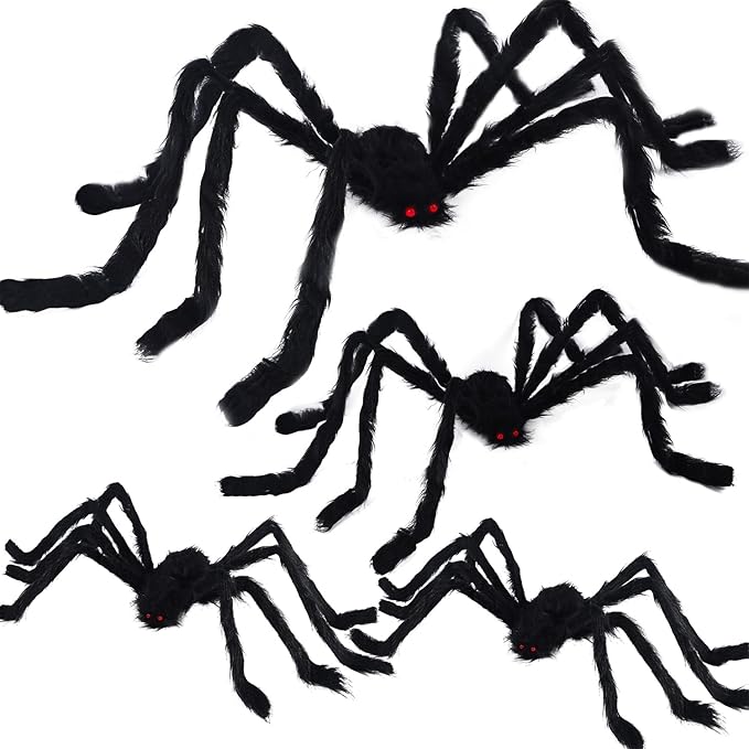 yosager Outdoor Halloween Decorations 4Pcs Realistic Giant Spiders, Huge Hairy Scary Halloween Spider Prop, Black Spooky Spider for Indoor House Outdoor Window Yard Patio Decor (24" 24" 36" 60")