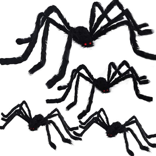 yosager Outdoor Halloween Decorations 4Pcs Realistic Giant Spiders, Huge Hairy Scary Halloween Spider Prop, Black Spooky Spider for Indoor House Outdoor Window Yard Patio Decor (24" 24" 36" 60")