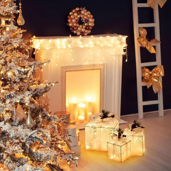 Christmas Light up Gift Boxes, Light up Xmas Boxes with Battery Operated for Christmas Decorations Indoor and Outdoor (3 Pack)