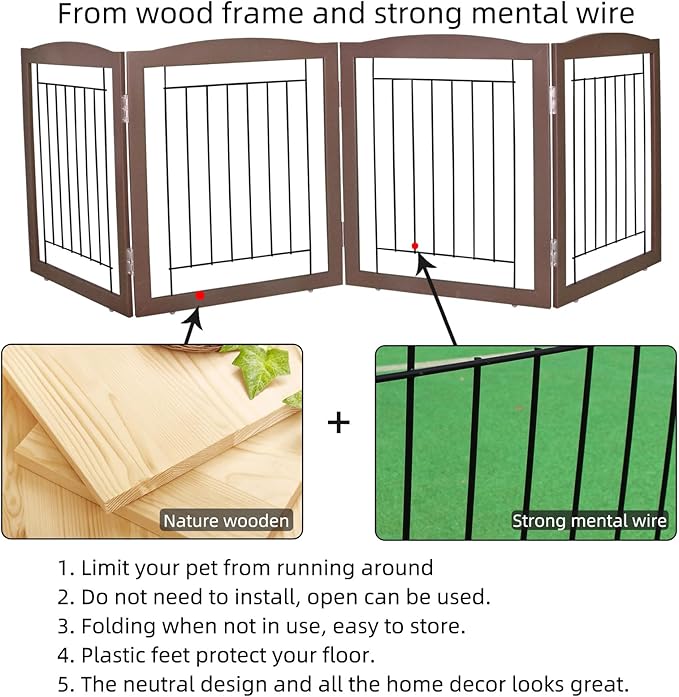 ZJSF Freestanding Foldable Dog Gate for House Extra Wide Wooden Brown Puppy Gate Stairs Dog Gates Doorways Tall Pet Gate 24 "Height 3 Panels Pet Fence