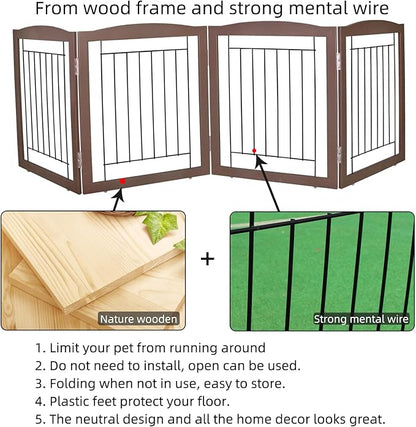 ZJSF Freestanding Foldable Dog Gate for House Extra Wide Wooden Brown Puppy Gate Stairs Dog Gates Doorways Tall Pet Gate 32 "Height 4 Panels Pet Fence