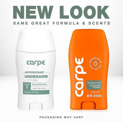 Carpe Underarm Antiperspirant and Deodorant, Clinical strength antiperspirant with all-natural eucalyptus scent, Combat excessive sweating and stay fresh. Great for hyperhidrosis (Pack of 3)