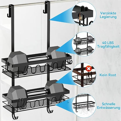 Over the Door Shower Caddy Hanging, 3-in-1 Rustproof Shower Organizer for Glass Door, No Drilling Shower Shelves with 4+3 Hooks, Wave Design, Stable, Adjustable Suitable for Kitchen/Bathroom/Balcony