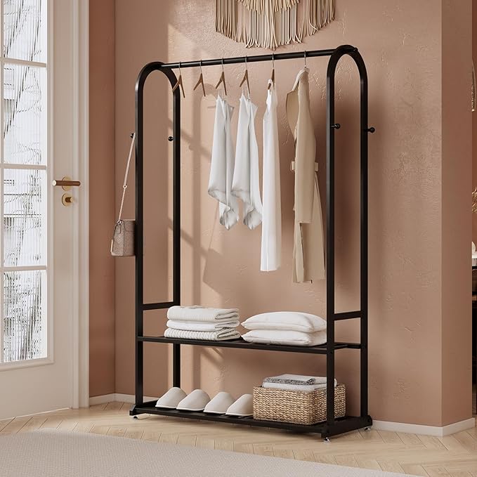 Heavy Duty Clothes Rack with Bottom Shelves & 6 side Hooks - Sturdy Metal Clothing Rack,Garment Racks for Hanging Clothes,can keep and organize your shoes and boxes in order