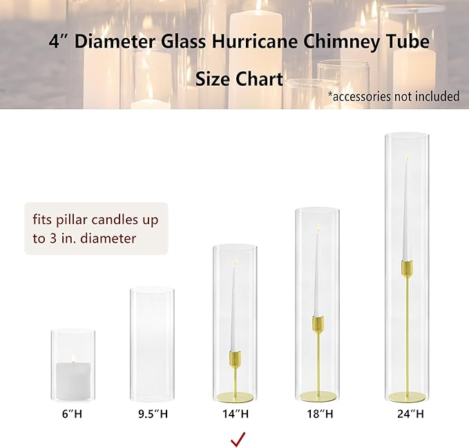 CYS EXCEL 1 PC Glass Open Ended Hurricane Candleholder Bottomless Cylinder Sleeve Clear Chimney Shade Tube Cover, 4” Wide x 14” Tall