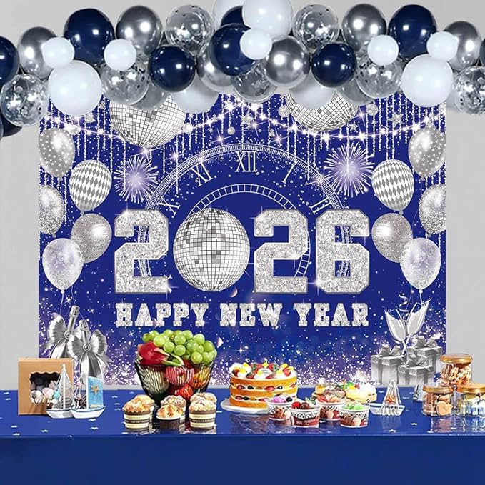Happy New Year 2026 Black Gold Backdrop 2026 New Year Eve Countdown Photo Background Cheer to 2026 Party Decoration Banner Photo Supplies (Blue, 120x96inch (10x8FT))