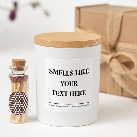 Custom Candle | Smells Like Your Text Here | Personalized Candle with Gift Box and Mini Matches-White/Christmas Spice