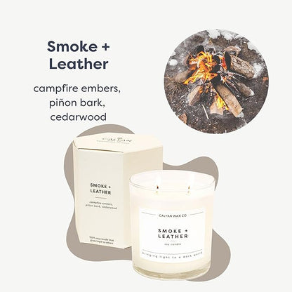 Calyan Wax Co. Smoke & Leather 2 Wick Scented Candle - 37 Hour Burn - Luxury Non Toxic Soy Wax Candles - Long Lasting Large Glass Jar Candle for Home - 8.8oz