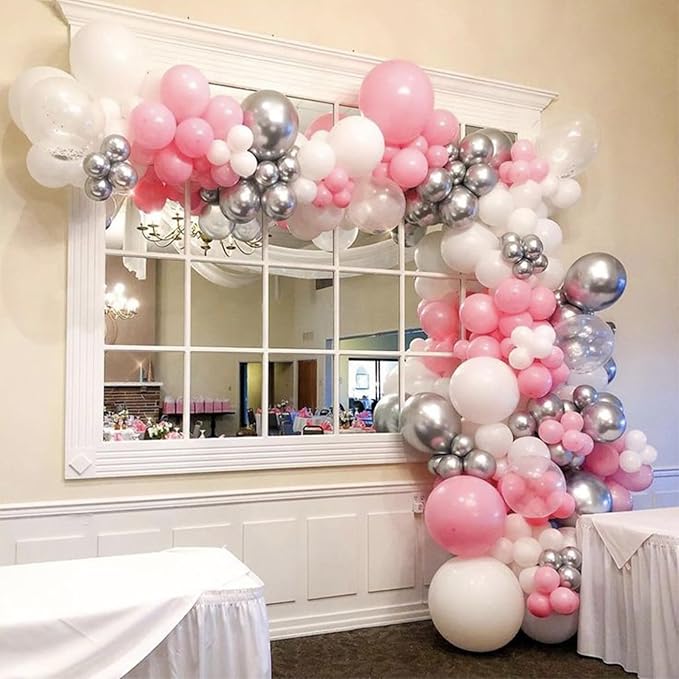 Pink and Silver Balloon, 60 Pcs 12 Inches Pastel Pink White Confetti Balloons for Girls Kids Birthday Wedding Baby Shower Graduation