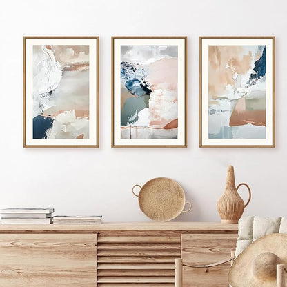 Large Abstract Brush Strokes Framed Canvas Wall Art,Neutral Navy Blue Wall Decor,Modern Pastel Wall Painting,Grey White Toned Artwork for Living Room,Bedroom,Dining Room,Office -16"x24"x3