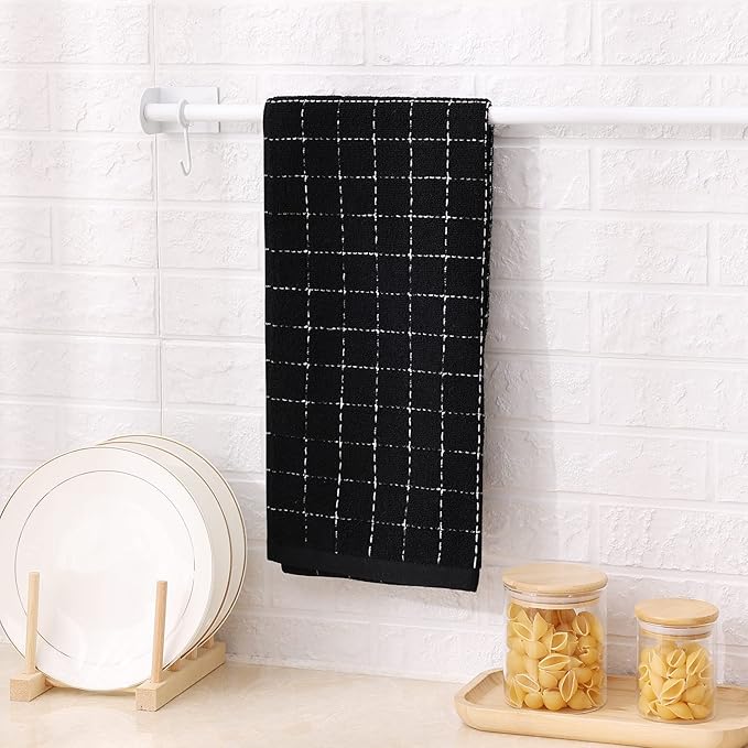 Mordimy 100% Cotton Terry Cloth Kitchen Towels, Super Soft and Absorbent Dish Towels for Drying, Checkered Designed Hand Towels for Kitchen, 16 x 26 Inches, 8 Pack, Black