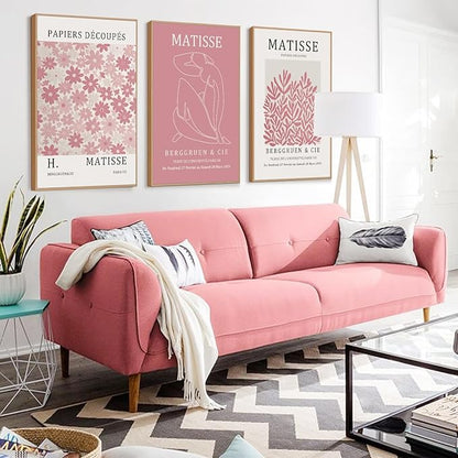 HLNIUC Matisse Pink Framed Wall Art Set,Neutral Pink Flower Canvas Wall Decor Set of 3(24”x36’) Modern Aesthetic Pictures Painting,Abstract Floral Market Art Print for Living Room Bedroom Office