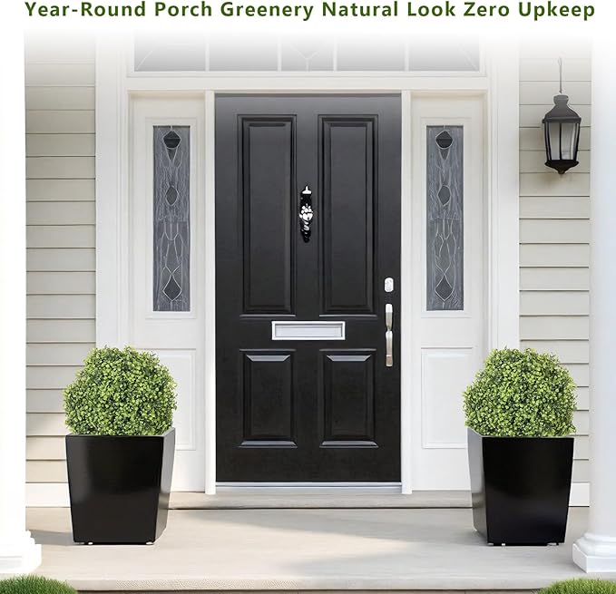 THE BLOOM TIMES 2ft Faux Boxwood Plants Outdoor Set of 2, 24" UV-Resistant Artificial Topiary Ball Trees, Fake Potted Greenery for Front Porch Planter, Patio Outside Decor