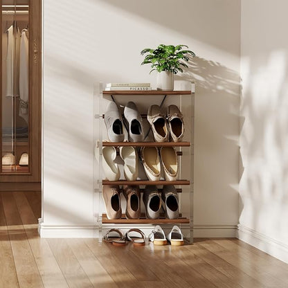 Free Standing Shoe Rack & Closet Shoe Shelf, for Entryway Small Space, Front Door, Garage, 4-Tier Slanted, Solid Wood & Acrylic Frame with Top Shelf Storage