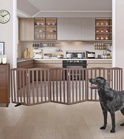 ZJSF Foldable Freestanding Indoor Dog Gate for House Wood Long Pet Gates Dog Fence for Stairs Puppy Gates for Hallways, Puppy Gate,Support Feet Included, Brown, 32 "Height-6 Panels