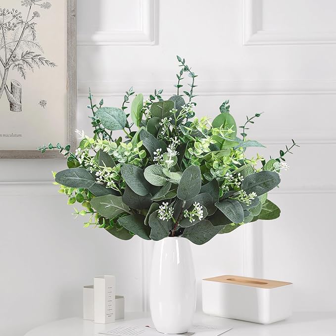 Eucalyptus Leaves Stems 60 PCS, 4 Kinds Mixed Artificial Greenery Stems for Wedding Decor Vase Floral Arrangement Centerpiece