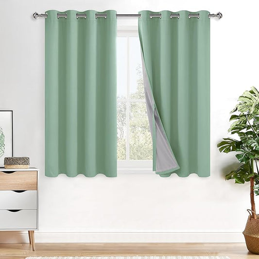 XWZO 100% Blackout Curtain Panels with Tiebacks- Heat and Full Light Blocking, Thermal Insulated Window Draperies with Grommets for Bedroom/Basement, Light Sage, W52 x L45, Set of 2