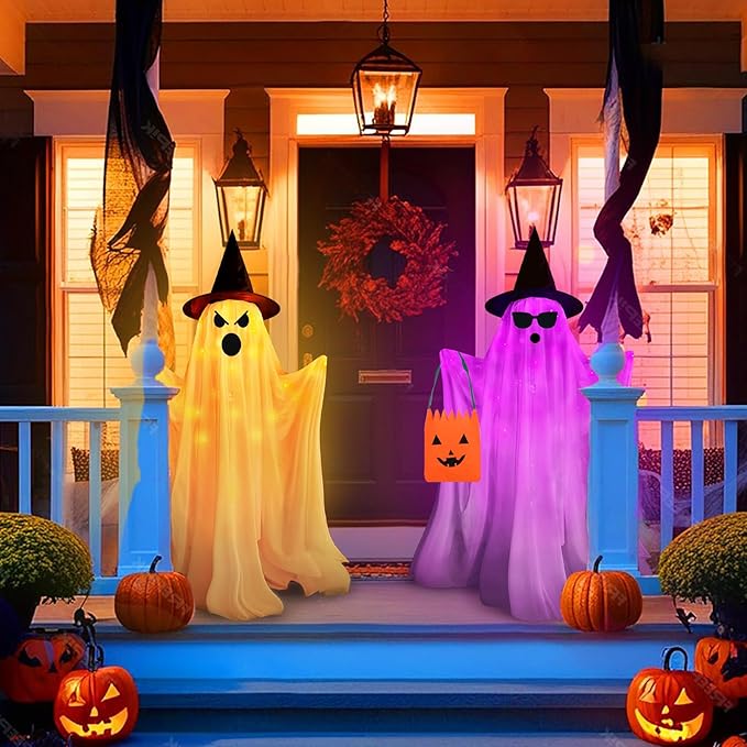 Halloween Decorations Outdoor Indoor- 2 Packs Large Light Up Ghost, Standing Ghost Decor with Weight Bags, 8 Modes Remote Ghost Kit with 2 Colors String Lights for Porches Yards Gardens Decorations