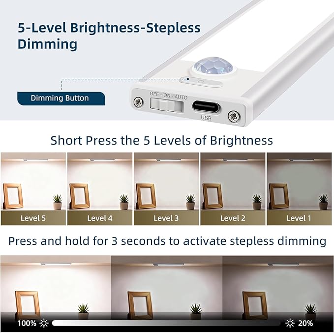 AVEVA 12inch Under Cabinet Lighting, 4 Pack Rechargeable Motion Sensor Light Indoor, Wireless Dimmable Magnetic Closet Lights, 50 LED Under Counter Lights for Kitchen, Wardrobe, Stairs, White Light