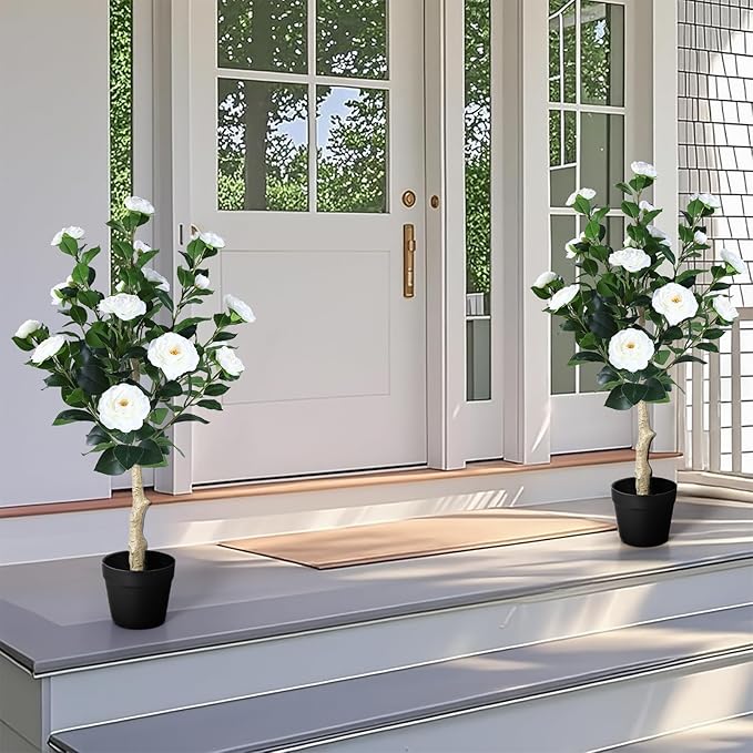 3FT Artificial Camellia Tree, 2 Pack Fake Camellia Tree Artificial Tree, Faux Floral Plants in Cement Pot, Greenery Potted Plant for Indoor Outdoor Home Office Porch Decor (White)