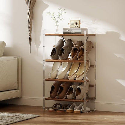 Free Standing Shoe Rack & Closet Shoe Shelf, for Entryway Small Space, Front Door, Garage, 4-Tier Slanted, Solid Wood & Acrylic Frame with Top Shelf Storage