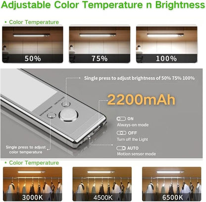 Motion Sensor Under Cabinet Lighting-Magnetic Rechargeable Closet Lights for Kitchen,Stairs,Wardrobe | 3-Color Dimmable LED Under Counter Lighting | Cord-Free Light Bars (12inch-2Pack)