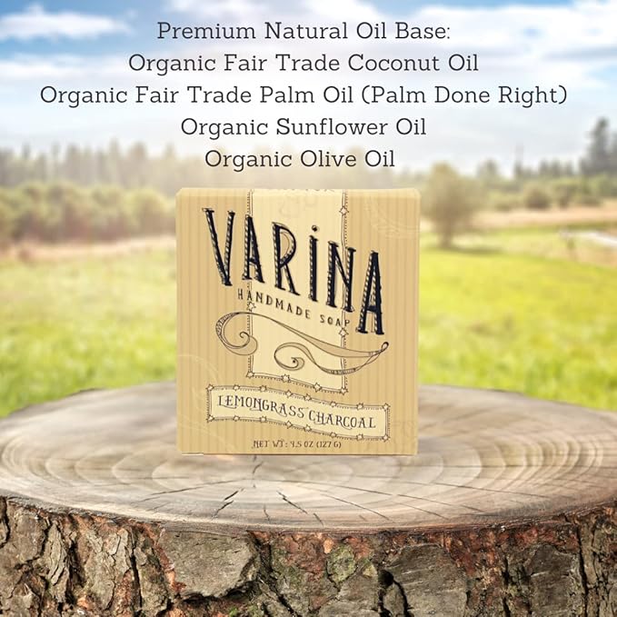 Varina Organic Lemongrass Soap - Charcoal Bar - Gentle Cleansing for Sensitive Skin Citrus Herbal - 3 Pack - Natural Soap