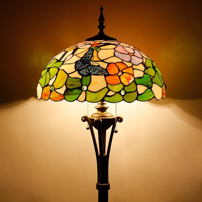 Tiffany Floor Lamp Butterfly Flower Stained Glass Standing Reading Light 16X16X70 Inches Antique Pole Corner Lamp Decor Bedroom Office Living Room
