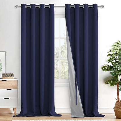 XWZO 100% Blackout Curtains - Extra Long Thermal Insulated Black Liner Curtains, Noise Reducing and Heat Blocking Drapes for Bedroom with Tiebacks, Navy Blue, W52 x L108, Set of 2